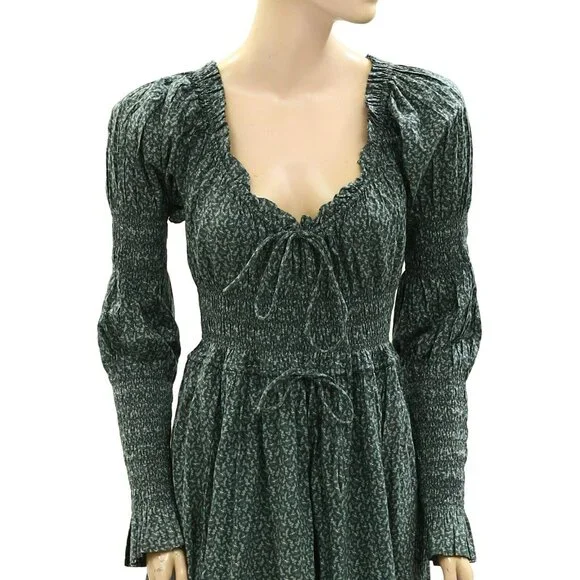 DOEN Kaira Midi Dress Printed Smocked Ruffle Evergreen Puff Sleeve S New - Picture 5 of 11